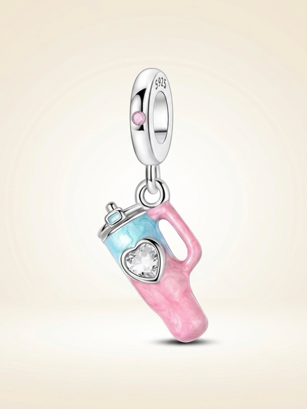 S925 Silver Pink Blue Tumbler Cup Charm Heart CZ Pandora Fit Trendy Girl Gift